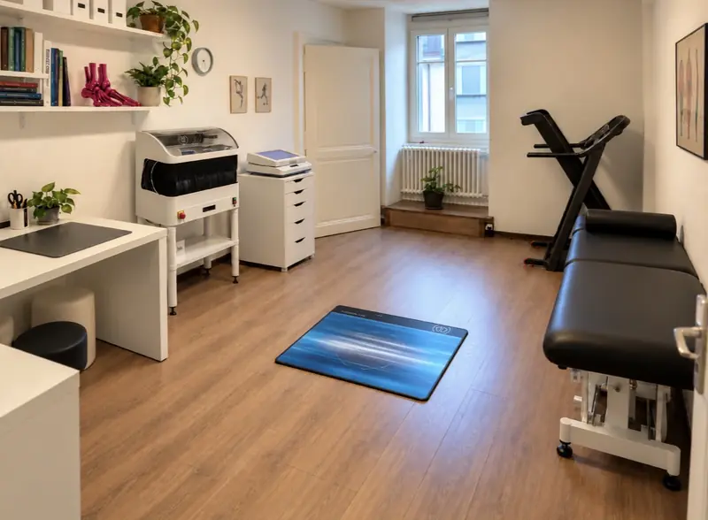 Espace technique du cabinet : tapis de marche, podoscope et table d'examen